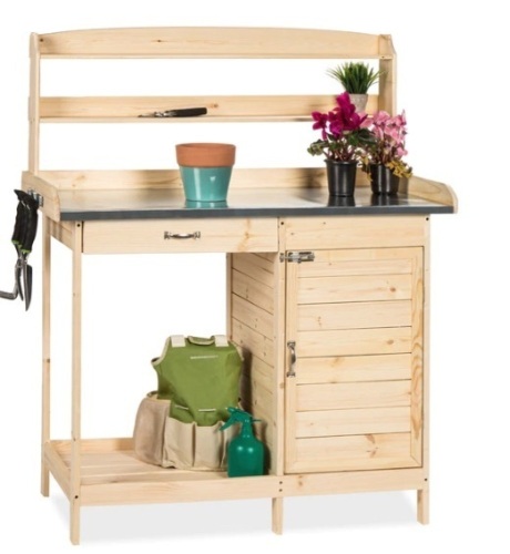 Garden Wooden Potting Bench w/ Metal Table Top - Natural,NEW - Lot 61