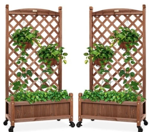 Set of 2 Wood Planter Box & Lattice Trellis w/ Optional Wheels - 48in,APPEARS NEW  - Lot 108