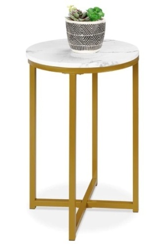 Round Coffee Side Table w/ Faux Marble Top, Metal Frame - 16in - Lot 99