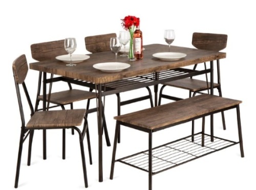 6-Piece Modern Dining Set w/ Storage Racks, Table, Bench, 4 Chairs - 55in,MISSING SCREWS ,APPEARS NEW - Lot 150