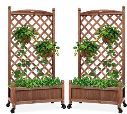 Set of 2 Wood Planter Box & Lattice Trellis w/ Optional Wheels - 48in,APPEARS NEW - Lot 167