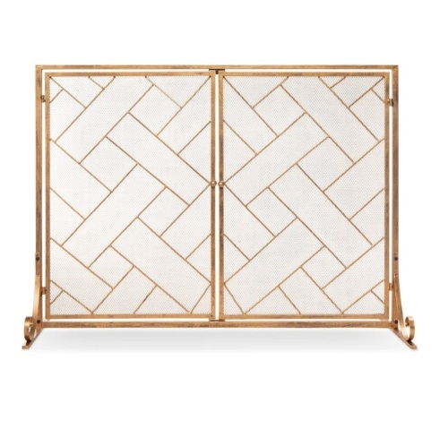 2-Panel Wrought Iron Geometric Fireplace Screen w/ Magnetic Doors - 44x33in,NEW - Lot 126