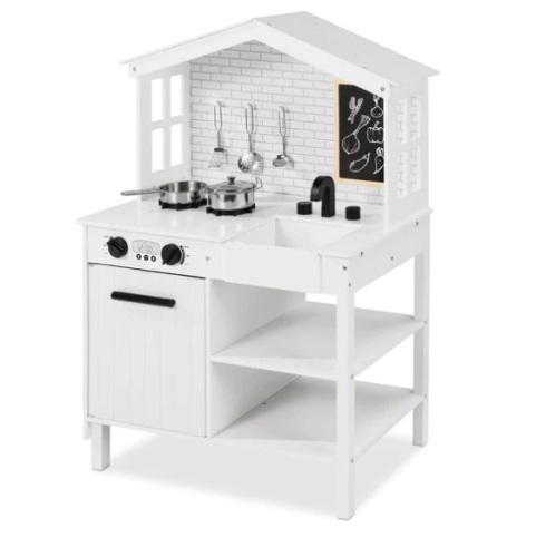 Kids Farmhouse Play Kitchen w/ Chalkboard, Storage Shelves, 5 Accessories, Appears New - Lot 109