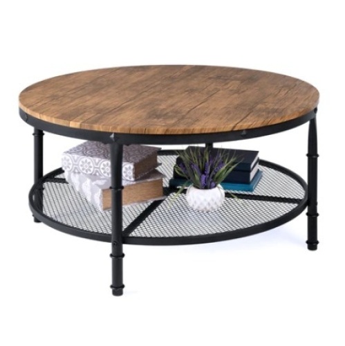 2-Tier Round Industrial Wood & Steel Coffee Table,35.5in, Brown - Lot 76