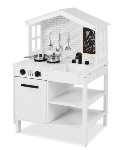 Kids Farmhouse Play Kitchen w/ Chalkboard, Storage Shelves, 5 Accessories - Lot 22