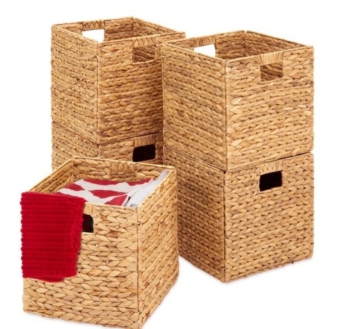 Set of 5 Collapsible Hyacinth Storage Baskets w/ Inserts - 12x12in - Lot 36