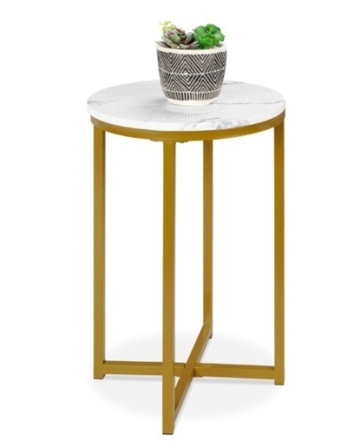 Round Coffee Side Table w/ Faux Marble Top, Metal Frame - 16in, White/Bronze Gold - Lot 120