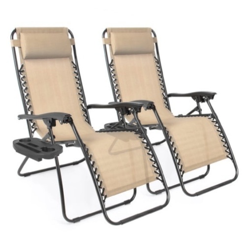 Set of 2 Adjustable Zero Gravity Patio Chair Recliners w/ Cup Holders, Sand - Lot 114