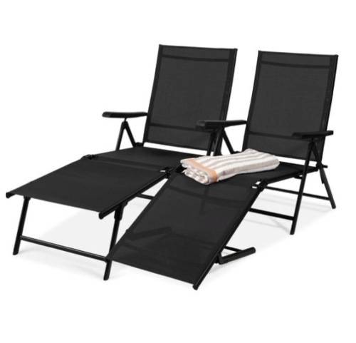 Set of 2 Outdoor Patio Chaise Recliner Lounge Chairs w/ Rust-Resistant Frame, Black - Lot 115