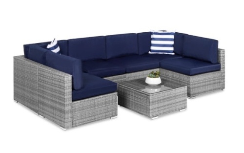 7-Piece Modular Wicker Sectional Conversation Set w/ 2 Pillows, Cover, Gray/Navy - Lot 127