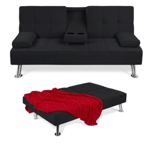Linen Upholstered Convertible Sofa Bed Futon w/ 2 Cupholders, Black - Lot 128