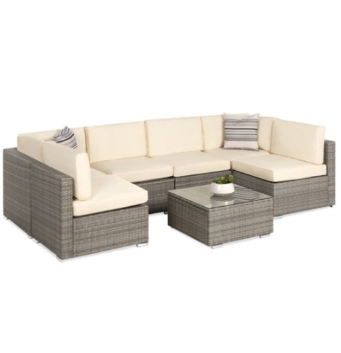 7-Piece Modular Wicker Sectional Conversation Set w/ 2 Pillows, Cover, Gray/Cream - Lot 134