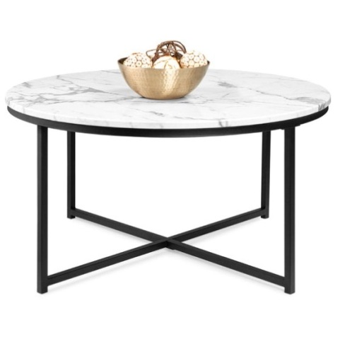Round Coffee Table w/ Faux Marble Top, Metal Frame - 36in, Black - Lot 136