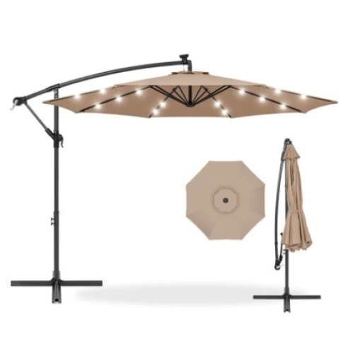 Solar LED Offset Hanging Patio Umbrella, 10ft, Tan - Lot 149