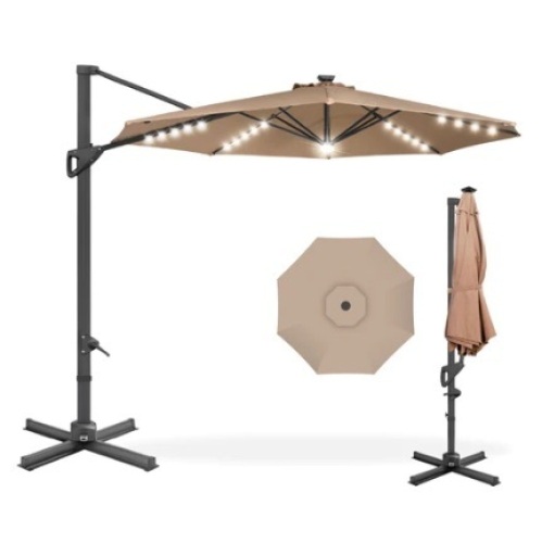 360-Degree Solar LED Cantilever Offset Patio Umbrella, 10ft, Tan - Lot 148