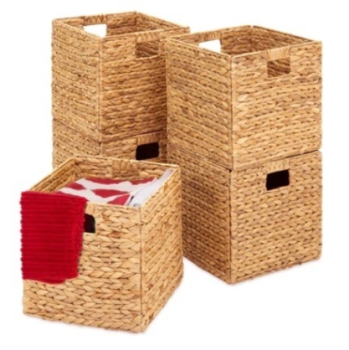 Set of 5 Collapsible Hyacinth Storage Baskets w/ Inserts,12x12in, Natural - Lot 161