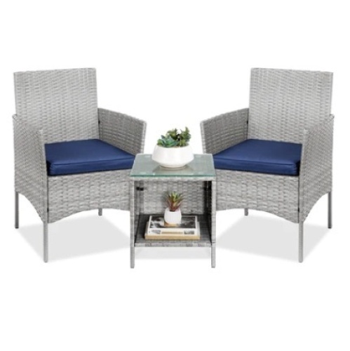 3-Piece Outdoor Patio Wicker Bistro Set, Gray/Navy  - Lot 181