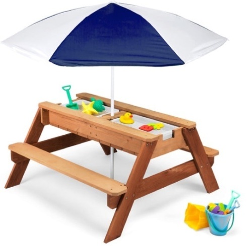 3-in-1 Kids Sand & Water Table Outdoor Wood Picnic Table w/ Umbrella, Navy - Lot 204