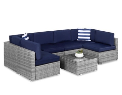 7-Piece Modular Wicker Sectional Conversation Set w/ 2 Pillows, Cover, Gray/Navy, Appears New - Lot 207