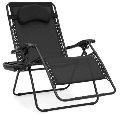 Oversized Reclining Zero Gravity Chair Lounger w/ Cup Holder, Pillow, Black - Lot 212