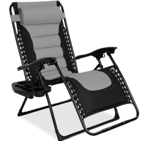 Oversized Padded Zero Gravity Chair, Folding Recliner w/ Headrest, Side Tray, Gray/Black - Lot 213