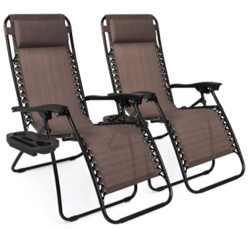 Set of 2 Adjustable Zero Gravity Patio Chair Recliners w/ Cup Holders, Brown - Lot 216