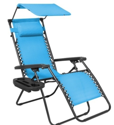 Folding Zero Gravity Recliner Patio Lounge Chair w/ Canopy, Side Tray, Light Blue - Lot 218