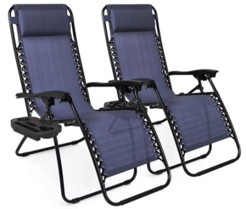 Set of 2 Adjustable Zero Gravity Patio Chair Recliners w/ Cup Holders, Blue - Lot 219
