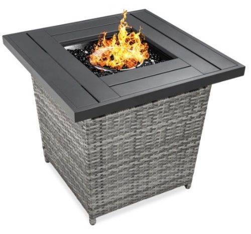 28in Fire Pit Table 50,000 BTU Wicker Propane w/ Faux Wood Tabletop, Cover, Gray - Lot 223