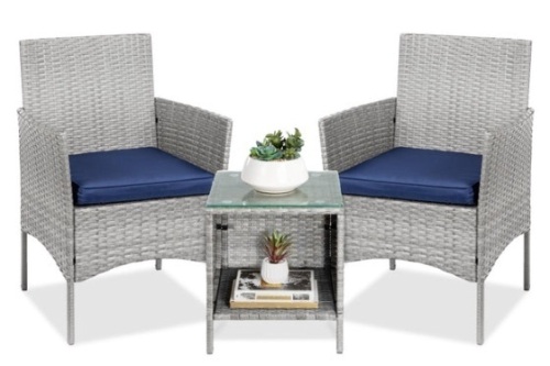 3-Piece Outdoor Patio Wicker Bistro Set w/ Side Storage Table, Gray/Navy - Lot 227