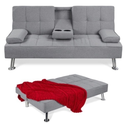 Linen Upholstered Convertible Sofa Bed Futon w/ 2 Cupholders, Gray - Lot 261