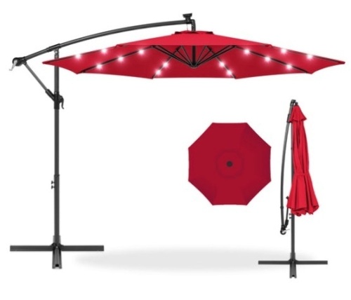 Solar LED Offset Hanging Patio Umbrella w/ Crank Tilt Adjustment - 10ft, Red - Lot 279