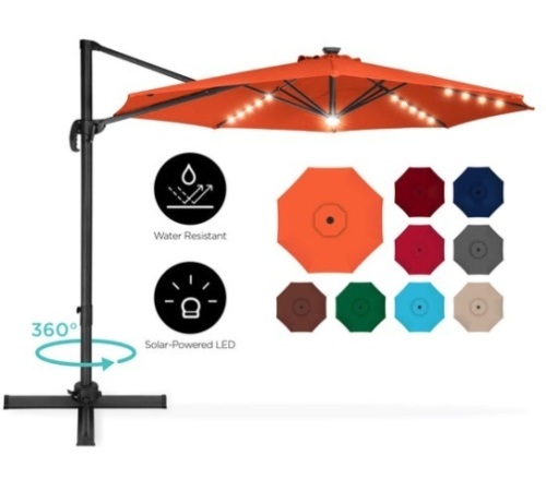 360-Degree LED Cantilever Offset Patio Umbrella w/ Tilt - 10ft, Orange - Lot 281