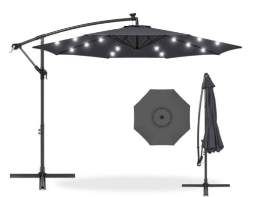 Solar LED Offset Hanging Patio Umbrella w/ Crank Tilt Adjustment - 10ft, Gray - Lot 285