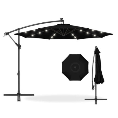 Solar LED Offset Hanging Patio Umbrella, 10ft, Black - Lot 509