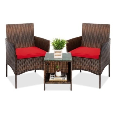 3-Piece Outdoor Patio Wicker Bistro Set, Brown/Red - Lot 515