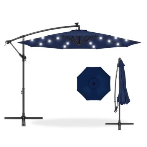 Solar LED Offset Hanging Patio Umbrella, 10ft, Navy - Lot 520