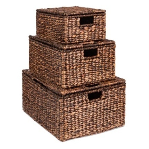 Set of 3 Large Hyacinth Storage Baskets, 21", 20", 18", Espresso - Lot 530