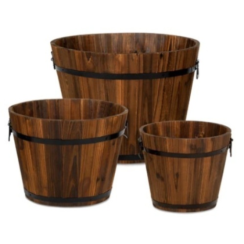 Set of 3 Rustic Wood Bucket Barrel Garden Planters Set - Lot 539