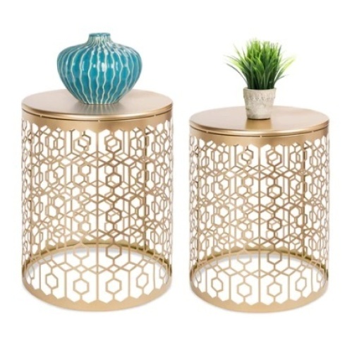 Set of 2 Decorative Round Side Accent Table, Gold - Lot 540