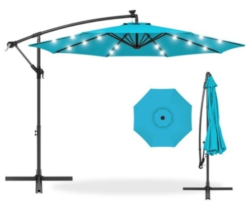 Solar LED Offset Hanging Patio Umbrella w/ Crank Tilt Adjustment - 10ft, Sky Blue - Lot 282