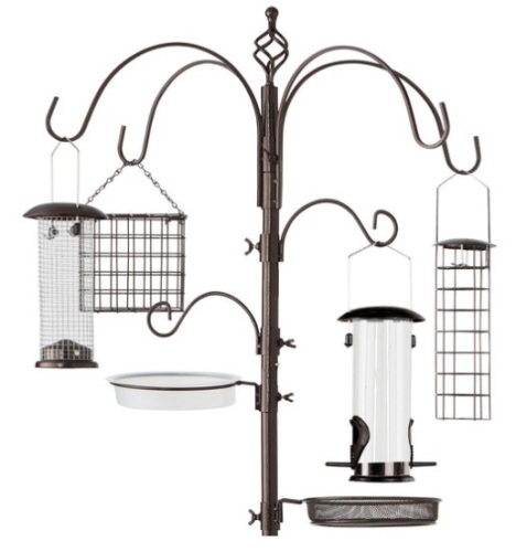 Bird Feeding Station, 6-Hook Steel Multi-Feeder Stand w/ 4 Feeders - 89in, Bronze - Lot 293