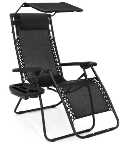 Folding Zero Gravity Recliner Patio Lounge Chair w/ Canopy, Side Tray, Black - Lot 2336