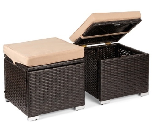 Set of 2 Wicker Ottomans, Multipurpose w/ Removable Cushions, Steel Frame, Brown/Beige - Lot 351