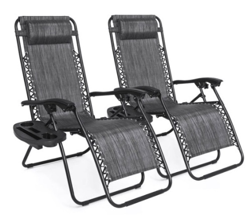 Set of 2 Adjustable Zero Gravity Patio Chair Recliners w/ Cup Holders, Gray - Lot 352