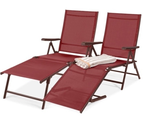 Set of 2 Outdoor Patio Chaise Recliner Lounge Chairs w/ Rust-Resistant Frame, Red - Lot 353