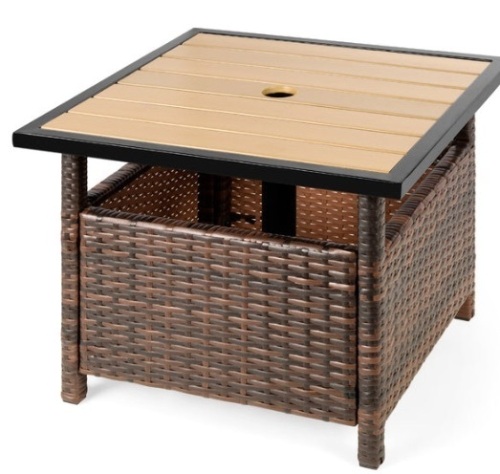 Outdoor Wicker Patio Side Table Accent Furniture w/ Umbrella Hole, Brown - Lot 360