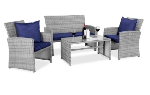 4-Piece Outdoor Wicker Conversation Patio Set w/ 4 Seats, Glass Table Top, Gray/Navy - Lot 366
