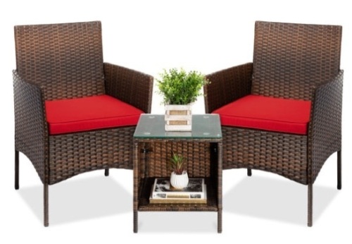 3-Piece Outdoor Patio Wicker Bistro Set w/ Side Storage Table, Brown/Red - Lot 374