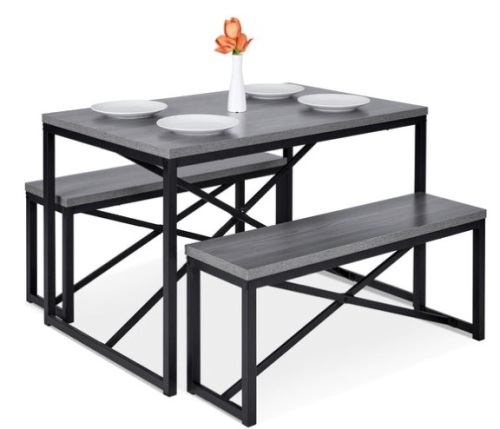 3-Piece Bench Style Dining Furniture Set w/ 2 Benches, Table - 45.5in, Gray/Black - Lot 380